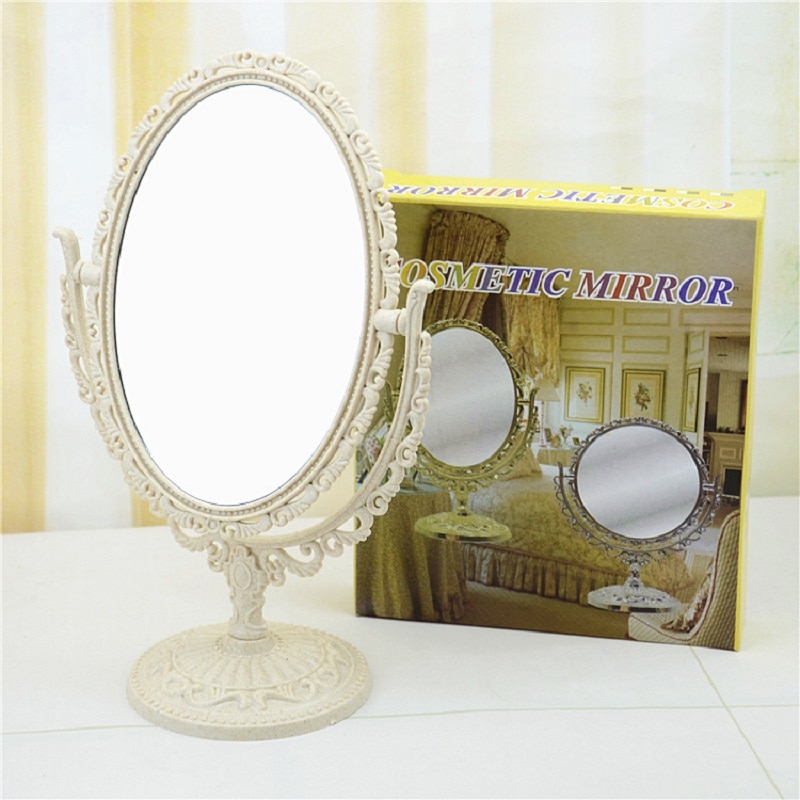 Desktop Rose Gold Bathroom Makeup Mirror Rotatable Double-Sided Beauty Vanity Mirror Oval Rose Sculpture Beauty Backlit Mirror