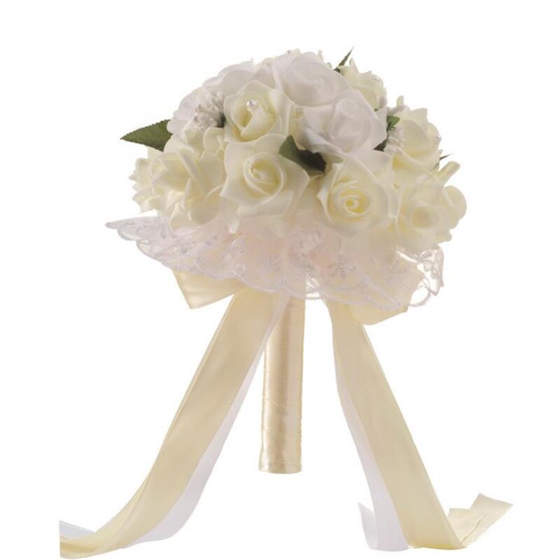 Ramo de flores artificiales de seda para dama de honor, suministros de decoración de boda romántica, con encaje, hecho a mano