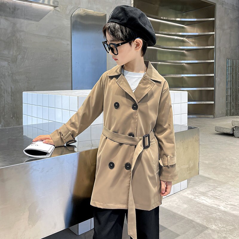 Trench-Coat avec ceinture pour garçons et adolescents, veste à Double boutonnage, coréenne, kaki, coupe-vent, vêtements d&#39;extérieur, 4-13T, automne