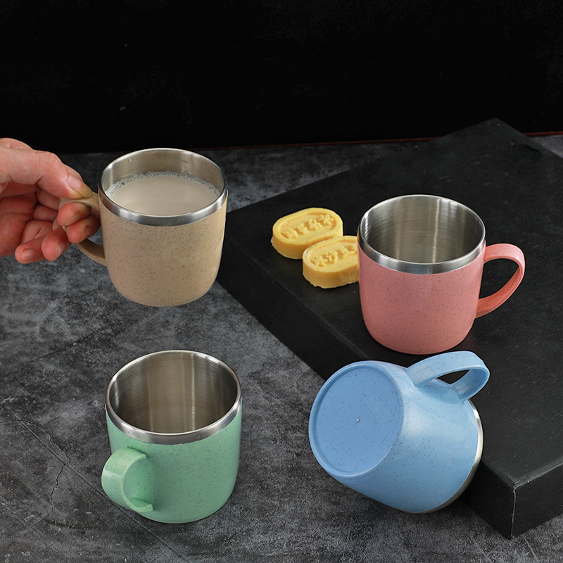 Tazas de acero inoxidable antiescaldado de doble capa, mango de plástico, taza para café, leche, té, bebidas, taza de agua para el hogar y la Oficina