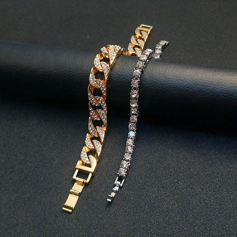 Hip Hop 1 ensemble complet strass Bling glacé Bracelet pour hommes pavé d'or Miami lien cubain chaîne Bracelets pour hommes bijoux directe