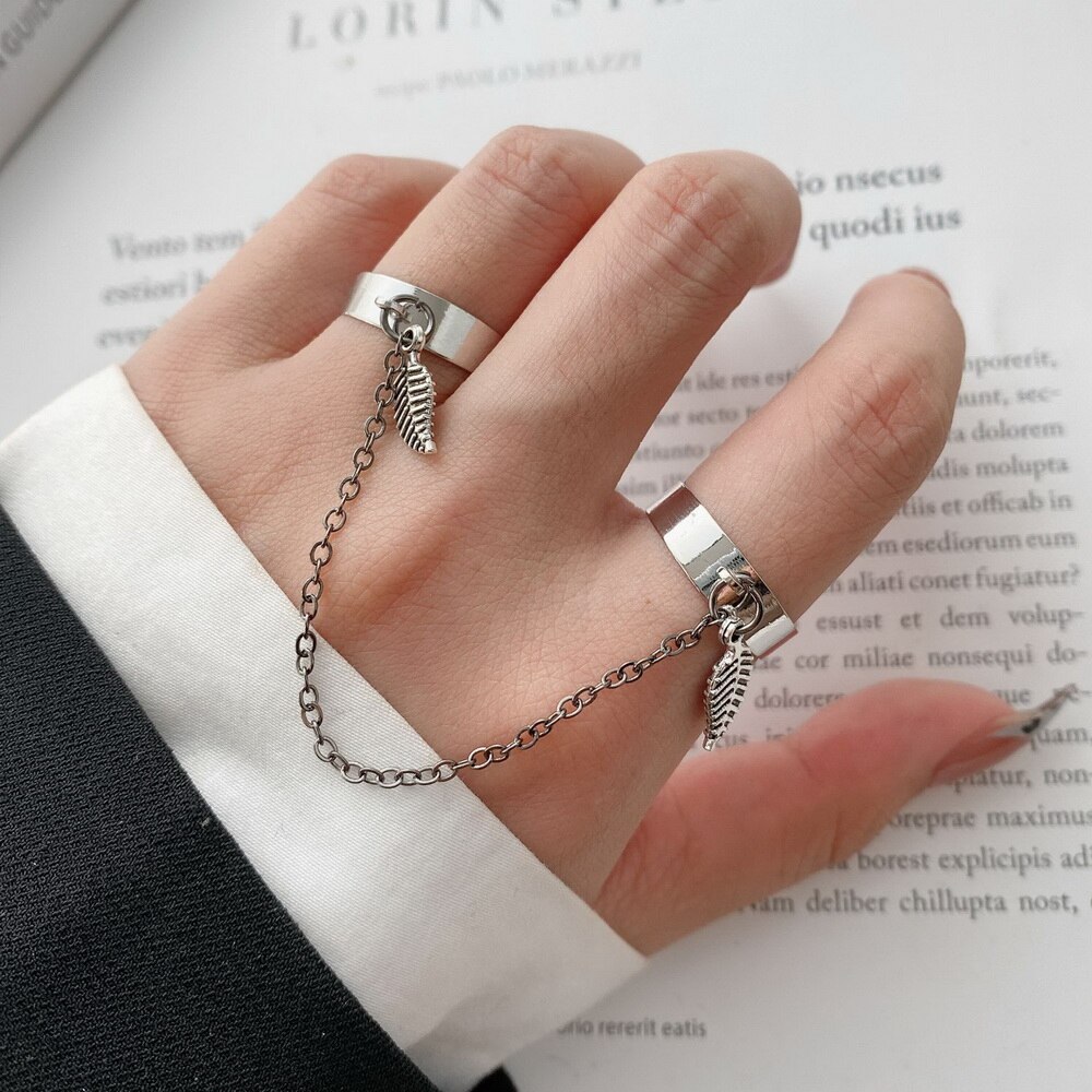 2 Stks/set Punk Lange Kwast Ketting Ringen Voor Vrouwen Hip Hop Mannen Zilver Kleur Hollow Geometrische Paar Ring Set Mode partij Sieraden: RI21Y0655