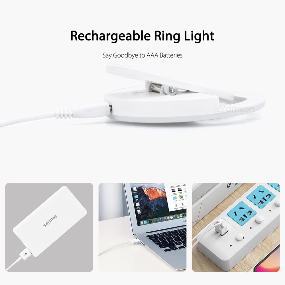 Vamson Selfie Ring Led Cirkel Voor Iphone/Huawei/Xiaomi Laptop Camera Fotografie Video Verlichting Clip Op Oplaadbare VL01