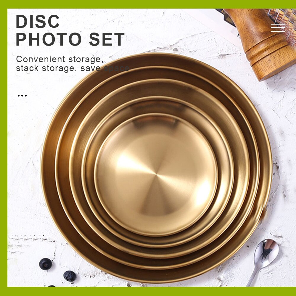 3pcs Golden Dinner Plate European Style Dinner Plates Stainless Steel Holders Round Tray Stainless Steel Kitchen Tool