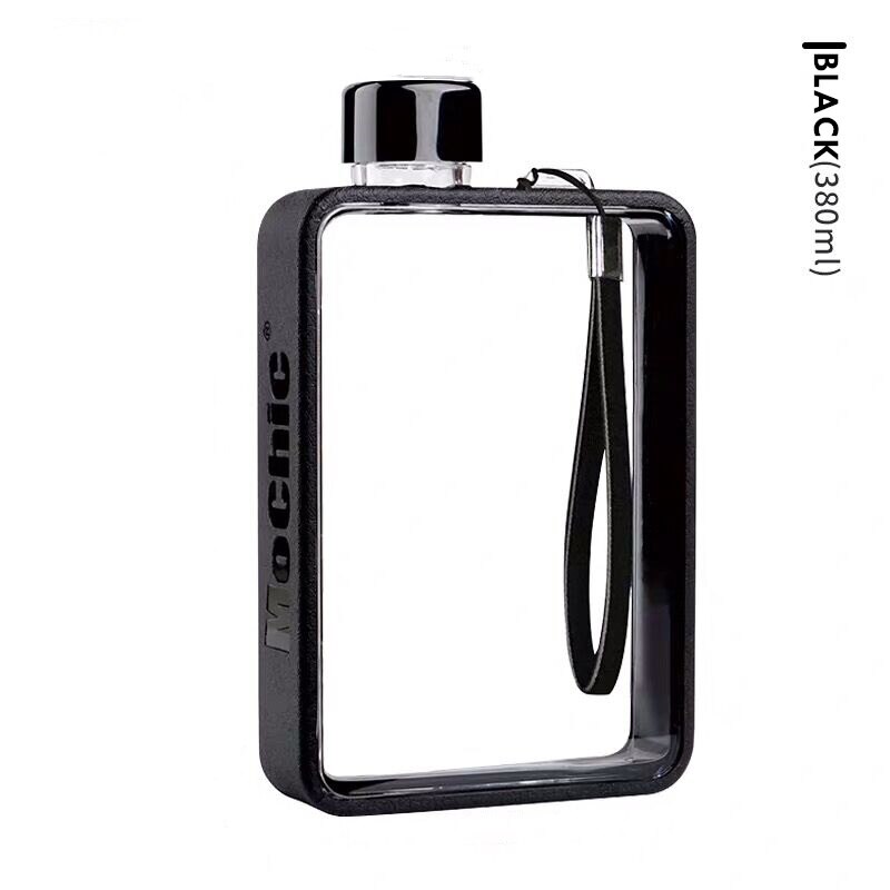 Ins 380ml A5 Flat Water Bottle Travel Hydro Flask Handbag Slim Cold Tritan Plastic Sports Camping Gym Fitness Outdoor: BLACK