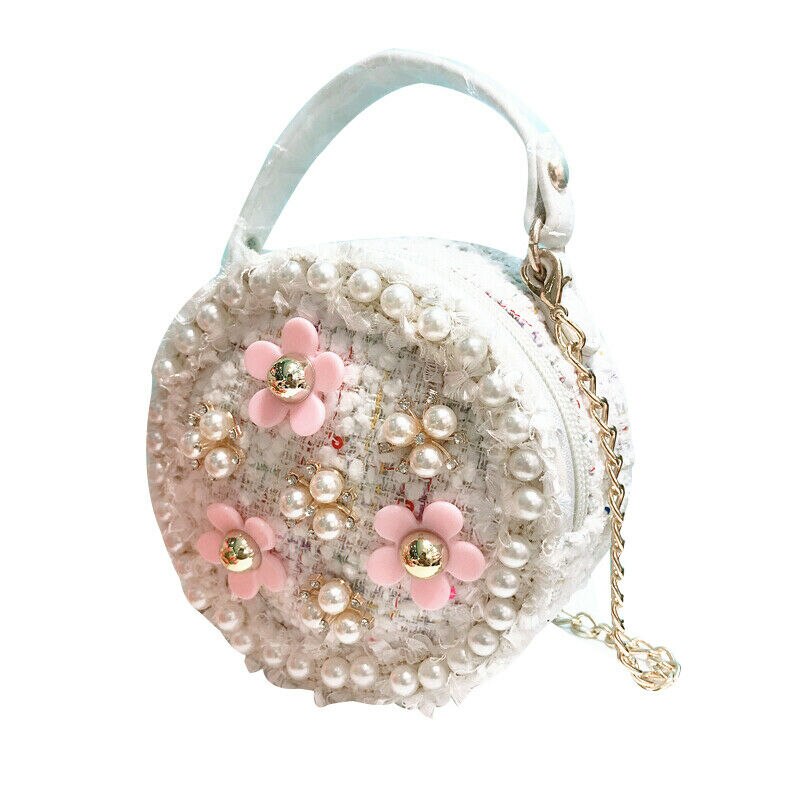 Newest Children Kids Baby Girl Pearl Flower Decor Handbag Shoulder Messenger Bag Cross Body Round Bag Girls: style1 white