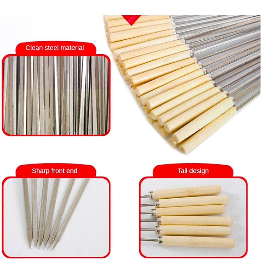 20 Pcs Grill Skewers with Wood Handle Stainless Steel Flat Grilling Kabob Sticks Reusable BBQ Barbecue Skewers Set for Meat