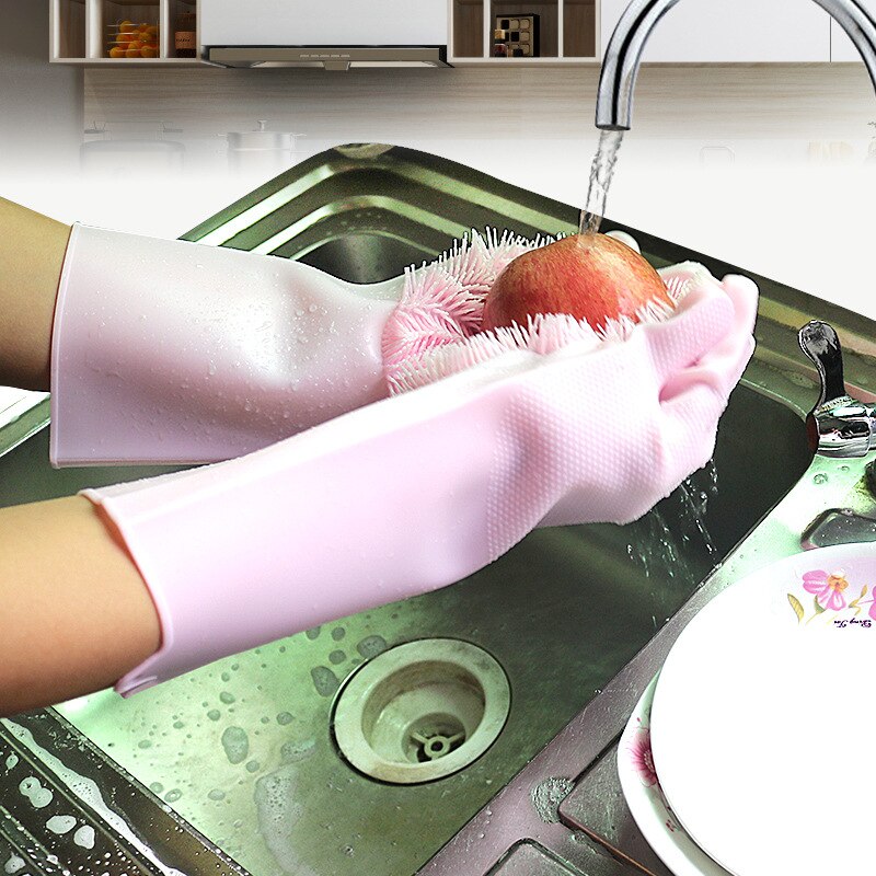 Silikonegummi opvaskehandsker scrubber rengøringsbørste til køkken temperaturbestandige handsker 3 par