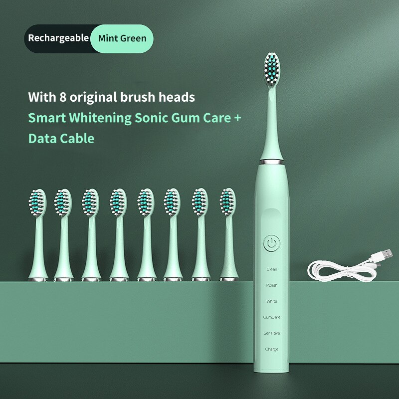 Ultrasound Electric Toothbrush Smart Tooth Brush Ultrasonic Automatic Fast Rechargeable Soft Electronic Washable Toothbrush: USB Green