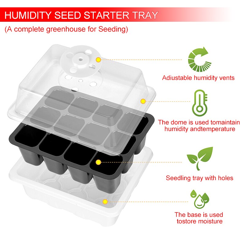 5Pack Greenhouse Planter Box Kit 12 Holes Nursery Pot Plant Seedling Tray with Growth Light Garden Cultivation Seeding Plant Pot