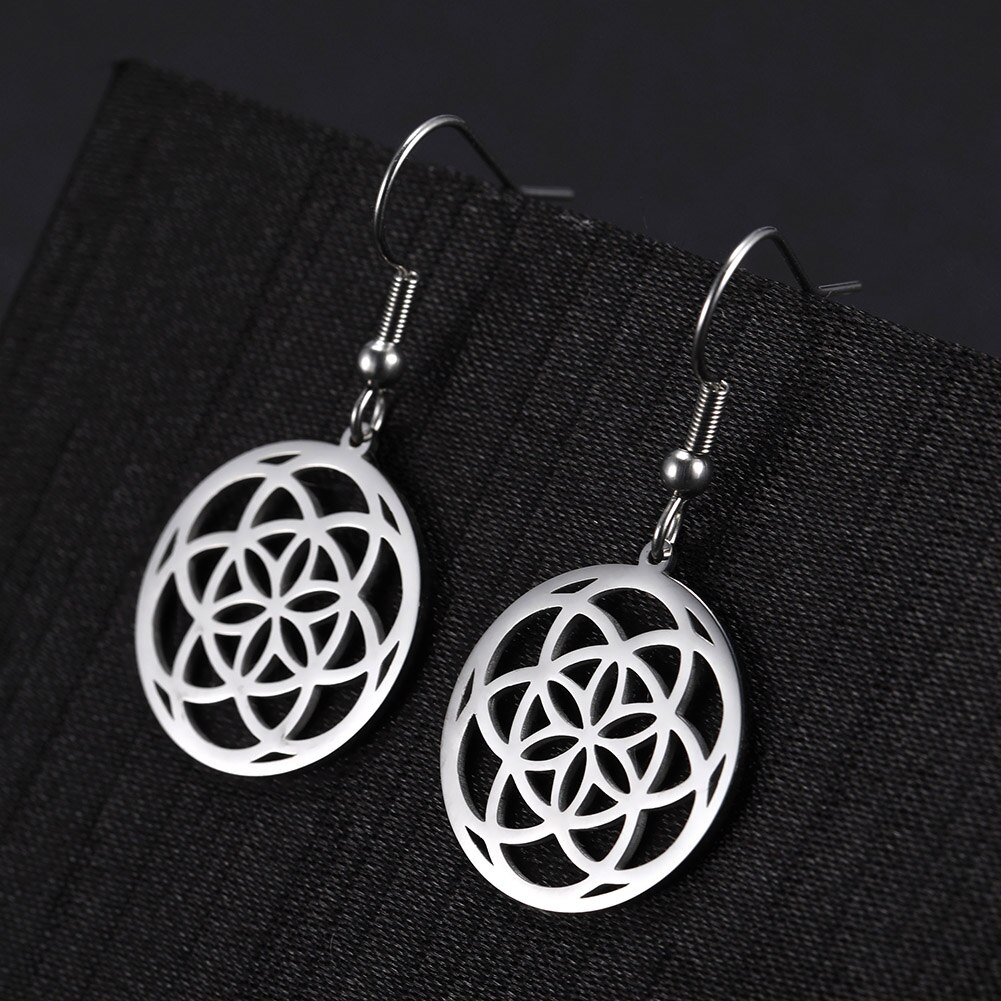 Skyrim viking kompass flower of life amulett øredobber rustfritt stål talisman dangle øredobber smykker for kvinner jenter: Livets blomst