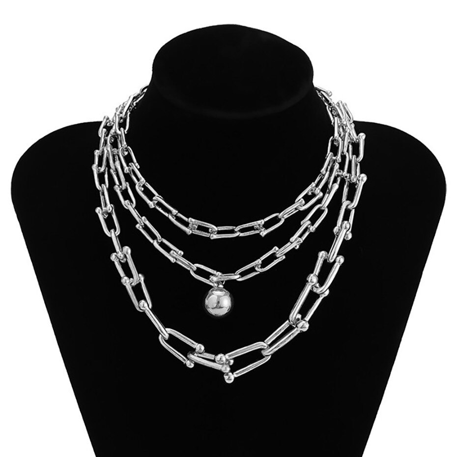 Punk Boho Kubanischen schwer Metall Kette Halskette Steampunk Männer Felsen mehrschichtig Große Perlen Anhänger Halsband Halskette Frauen Charme Schmuck: Silber- Farbe