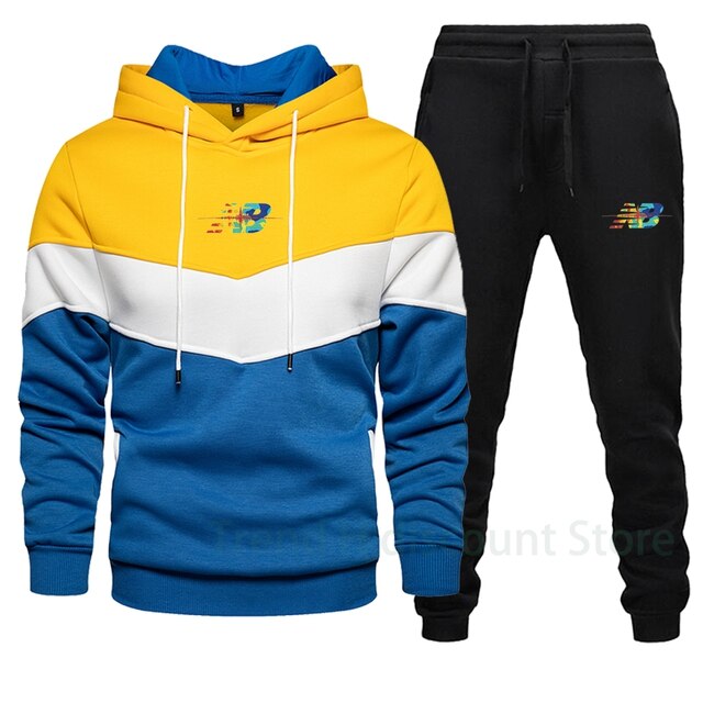 Nouveaux hommes épissage tenue décontracté lâche rue de sport à capuche hommes automne et hiver polaire veste + pantalon 2-pi: YELLOW / L