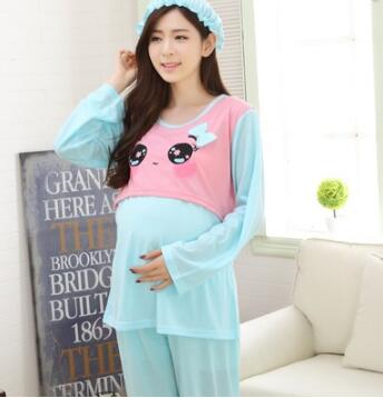 Spring Cotton Pajamas Cotton Feeding Home Furnishing Maternal Lactation Month Long Sleeved Suit Suit Mushroom Head: Sky blue / XL