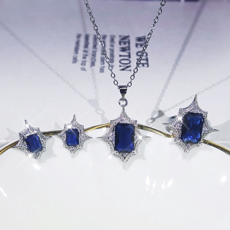 Silber Farbe Zirkon Stein Schmuck einstellen Jahrgang Geometrische Hochzeit Schmuck setzt für Frauen Ring + Ohrring + Halskette