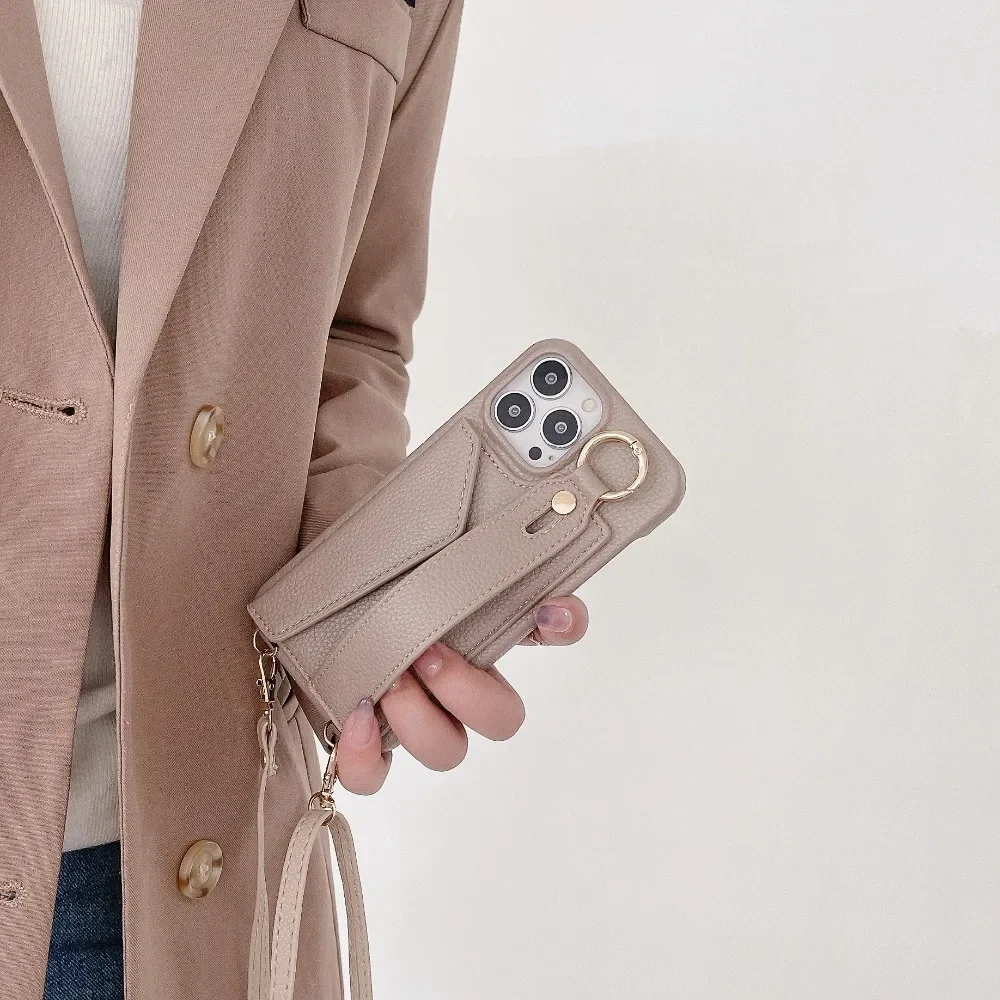 Voor iPhone 16 Polsband Ring Portemonnee met kaartsleufhouder Telefoonhoesje voor iPhone 15 Plus Pro Max Crossbody lederen hoes