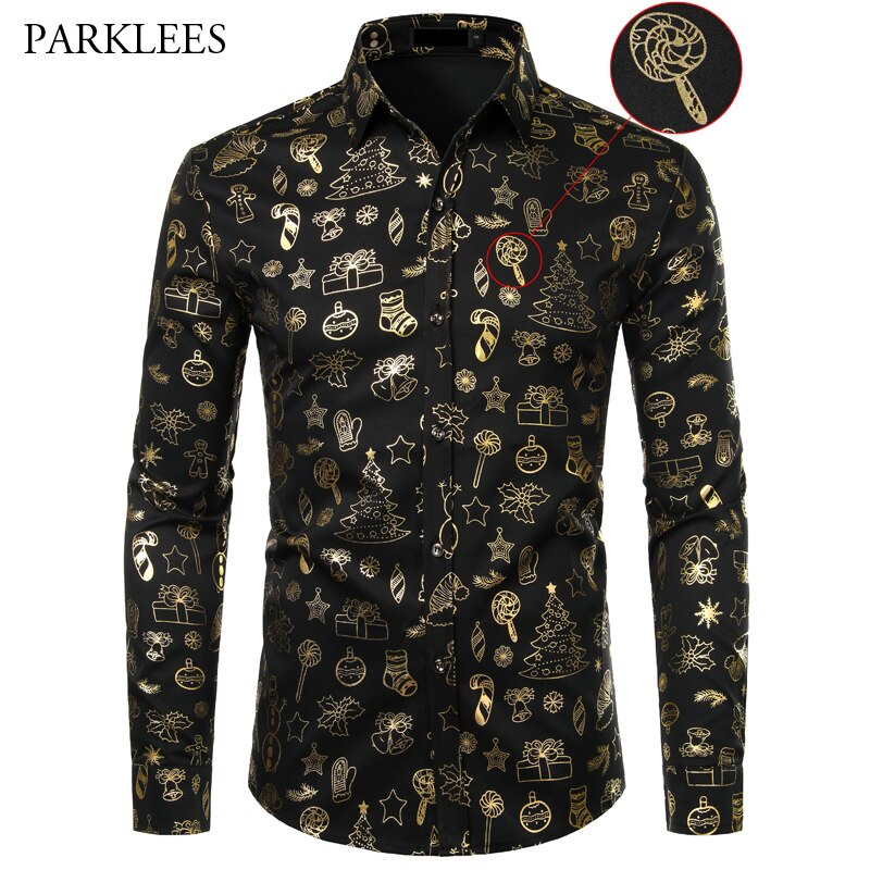 Noir noël chemise homme drôle De noël or imprimer hommes robe chemises décontracté fête bal chemise pour hommes Camisa De Navidad