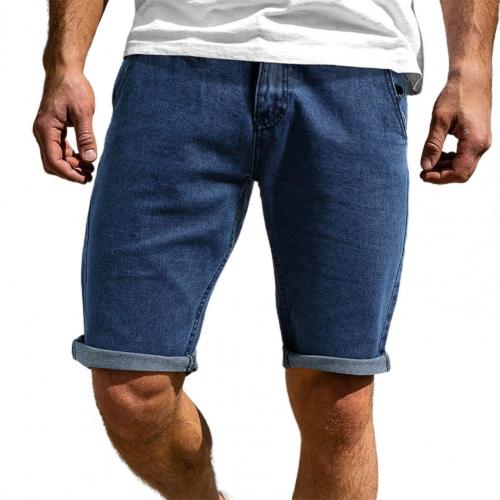 Men Denim Shorts Zipper closure multi-pocket Solid Color Knee Length Summer Mid Rise Loose Shorts Party Streetwear jeans: Dark Blue / M