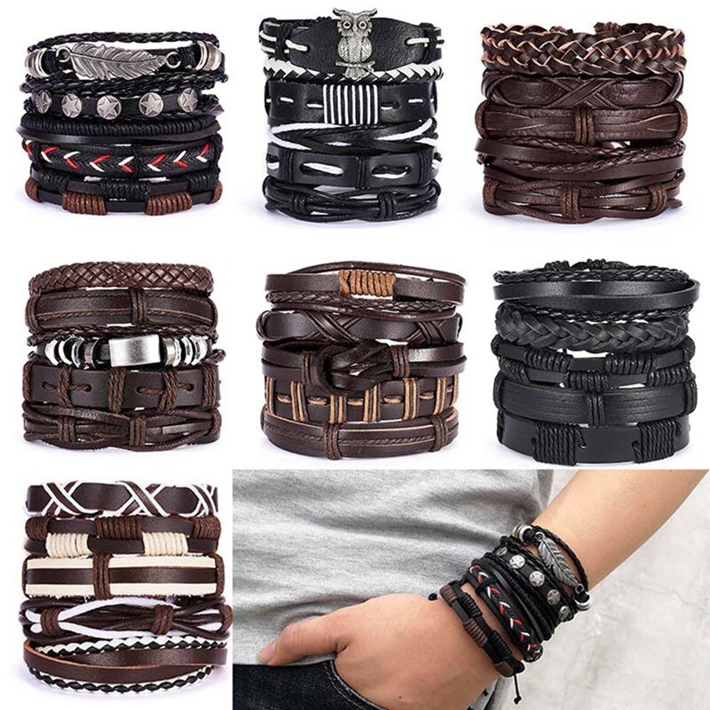 Pulseras trenzadas de cuero multicapa para hombre, brazaletes de cuerda hechos a mano, con forma de búho, hoja y estrella, para