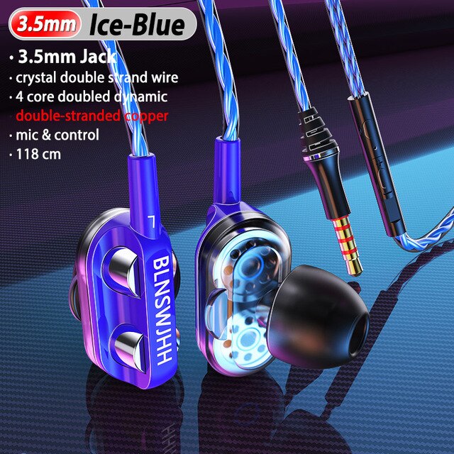Dual Speaker Wired Earphone Headphones Headset For iPhone Xiaomi Computer Dual Driver Stereo Sport Earbuds Earphones hwith Mic: Blue-Double Speaker