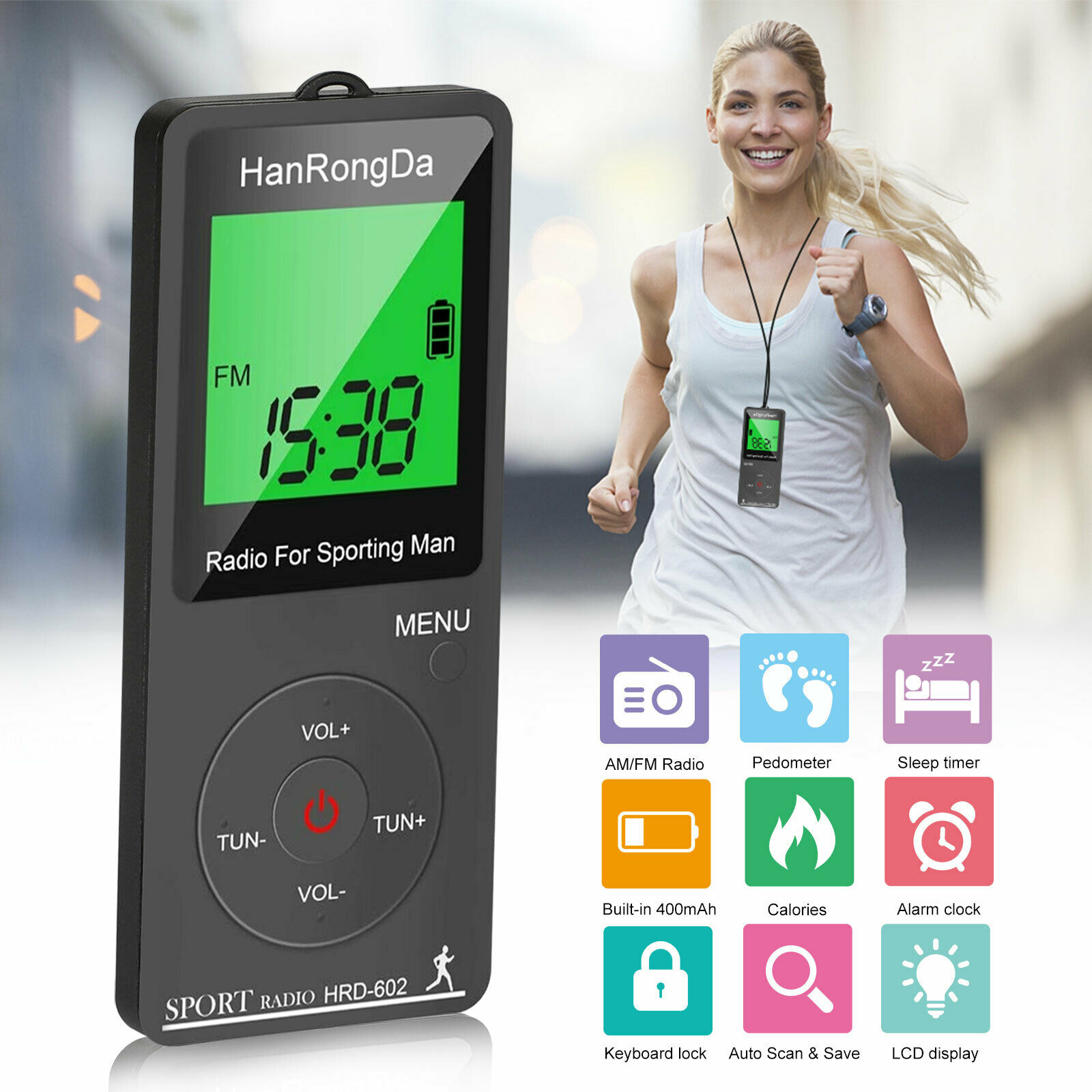HRD-602 Radio FM AM Radio Portable Radio Receiver Sports Radio with Earphone Sports Pedometer LCD Display Lock Button Pocket