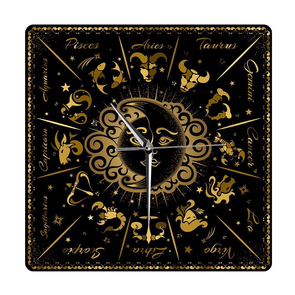 Retro Style Zodiac Signs Horoscope Astrology Decoration Square Wall Clock Abstract Astronomy Acrylic Large Wall Hanging Watch