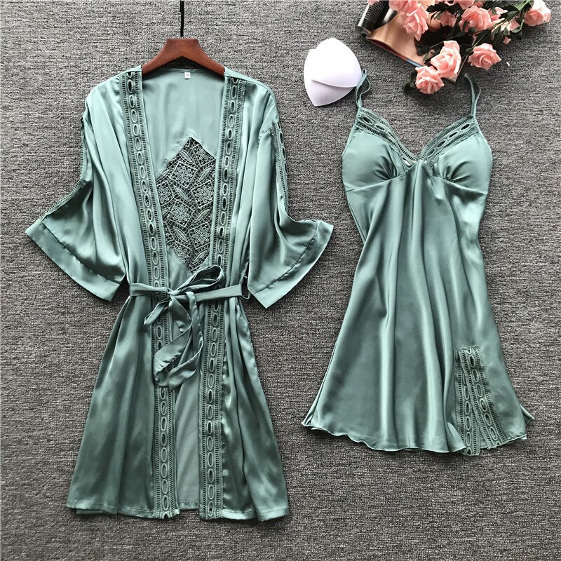 QWEEK Women Nightwear Robe Sets V-Neck Robe Set Bathrobe Set Spring Summer Robe Pijama Nightgown Robe Lingerie Femme Sexy