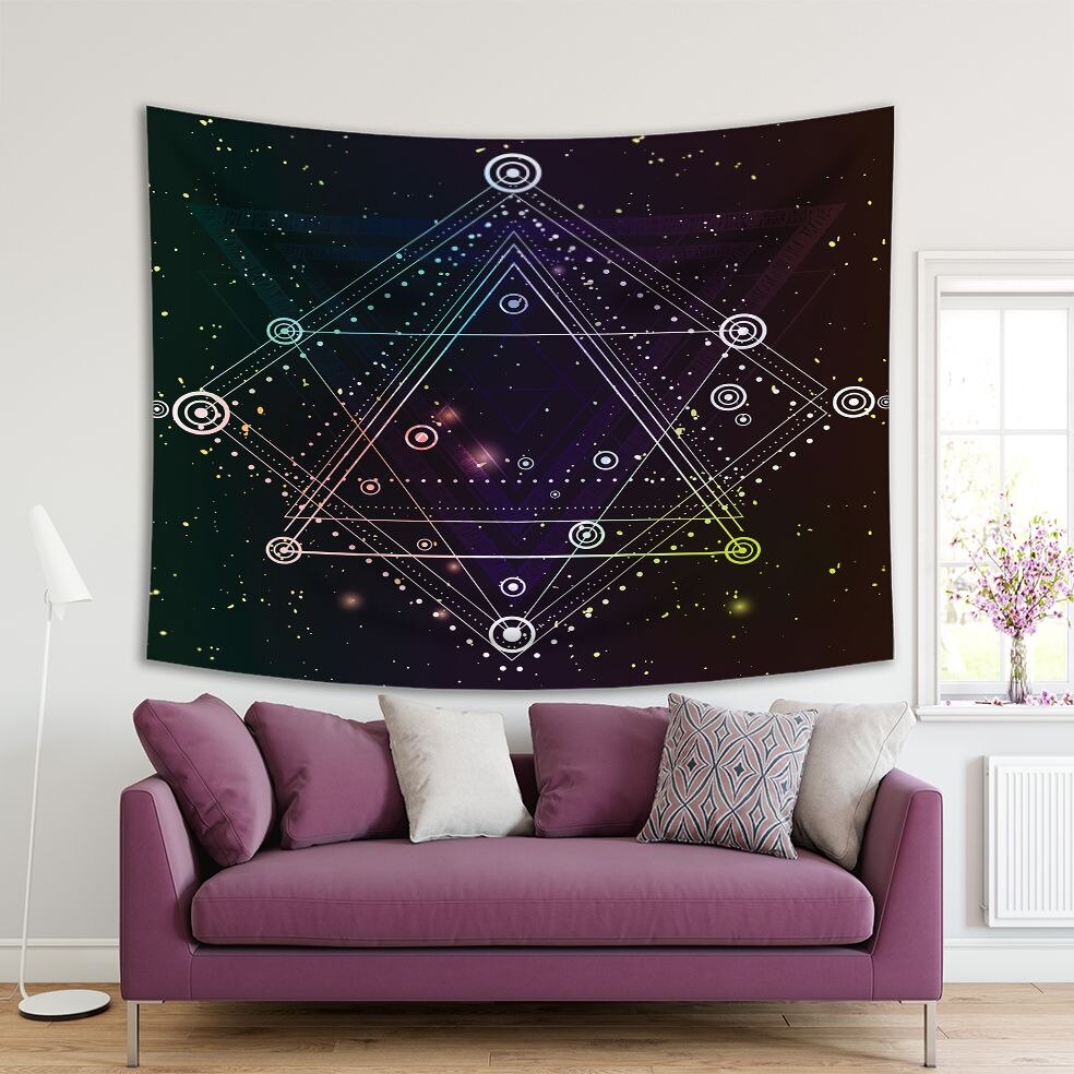 Tapestry Hipster Mystic Heilige Driehoeken Cirkels Op Donkere Ruimte Sterrenhemel Boho Chic Art Zwart Wit Paars