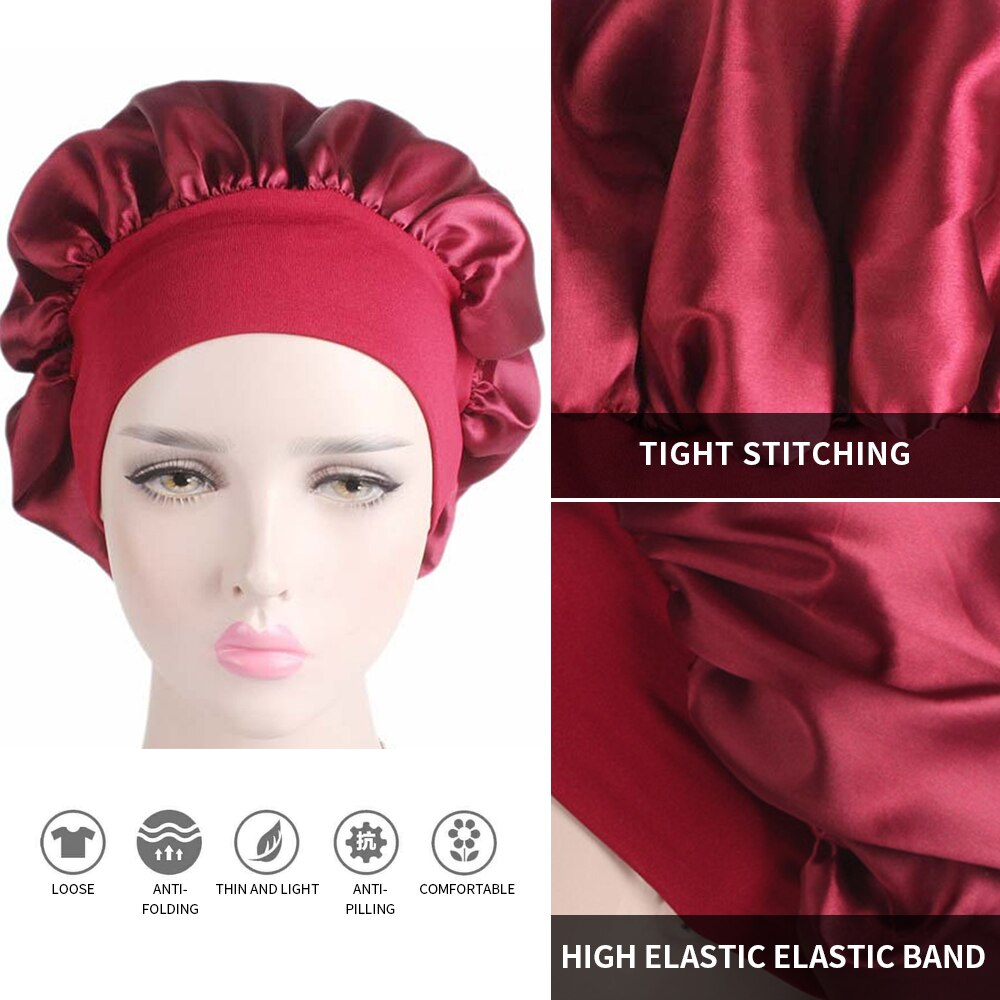 Solid Color Long Hair Care Women Satin Bonnet Cap Night Sleep Hat Silk Head Wrap Adjust Shower Caps Knitted Cap 58cm