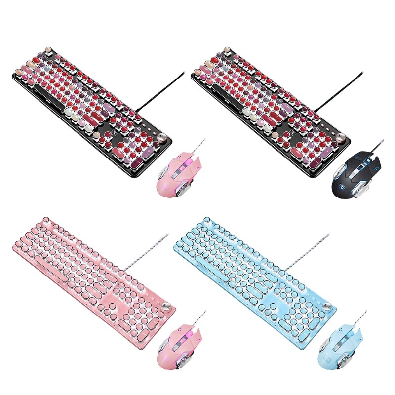 Retro Punk Mechanical Lipstick Metal Keyboard Mouse Set Round Key for Laptop Desktop Computer Keyboard Accessories