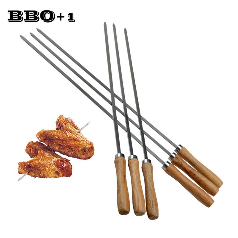 Pinchos planos para barbacoa de madera de 16,5 pulgadas y 42cm, pinchos para barbacoa, aguja con mango de madera, tenedor largo para barbacoa, pinchos para carne, accesorios para barbacoa de acero inoxidable