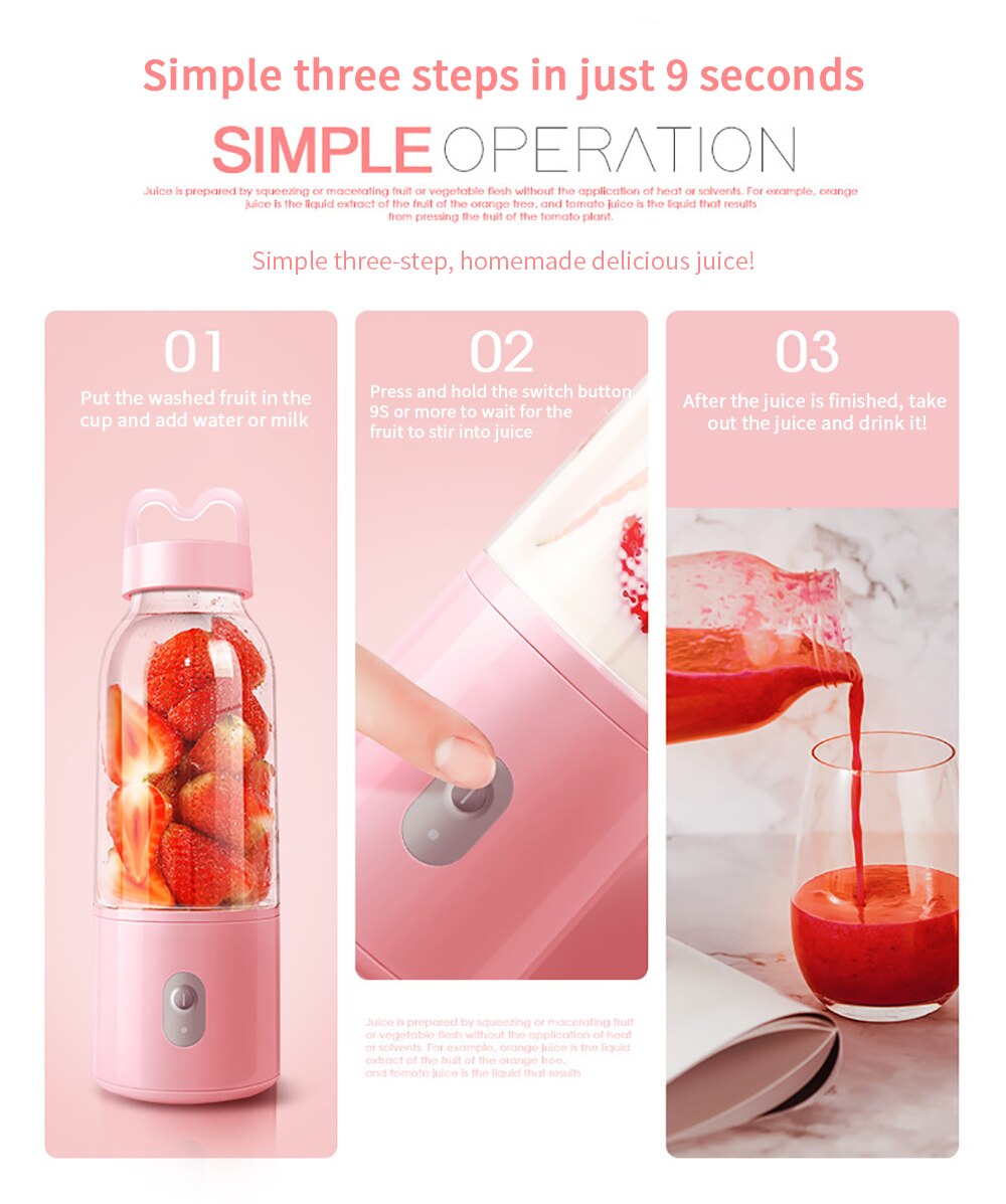 Portable Rechargeable /electric Blender Juicer Mixer Blenders Fruit Extractor Food Usb Maker Smoothie 9s Quick Juice Blender