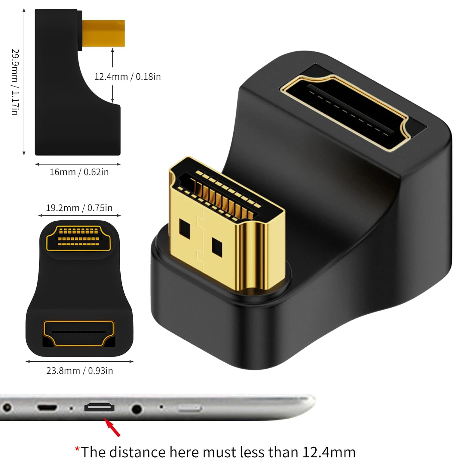 Adaptadores compatibles con HDMI en forma de U UHD 8K, convertidor extensor Mini-HD a HD de ángulo arriba y abajo para Monitor, tableta, videocámara y portátil: Negro / 3 m