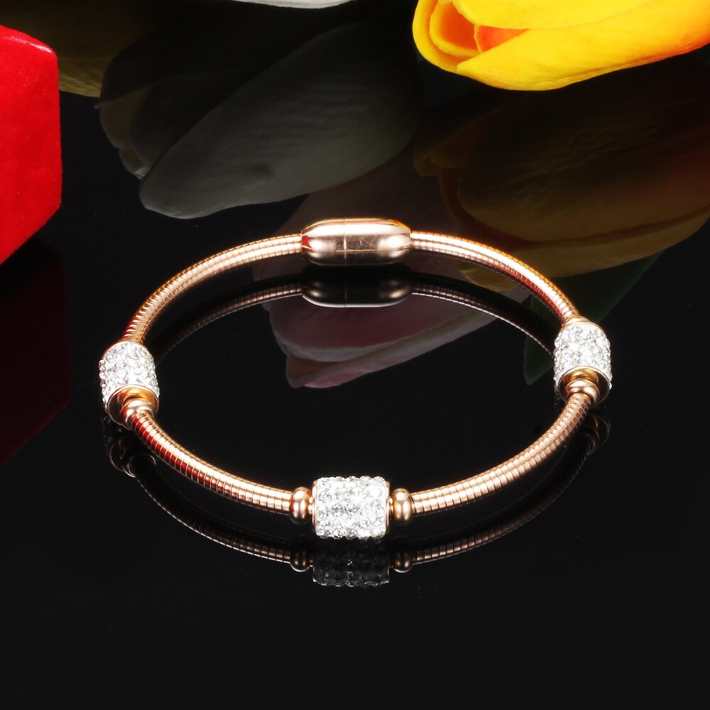 Women Crystal Bead Bracelet Bangles Stainless Steel Snake Chain Women Wedding Jewelry