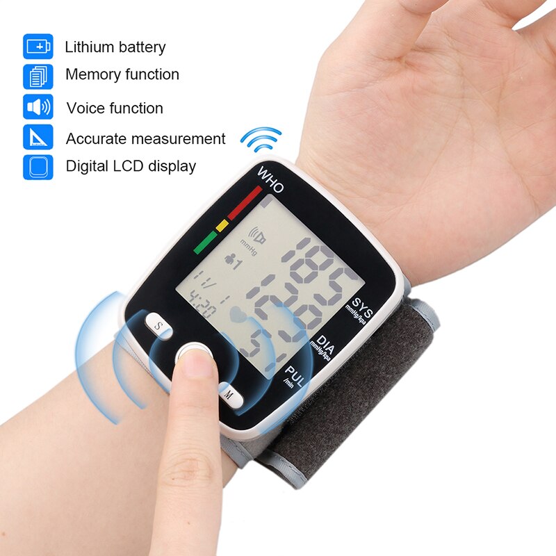 Genopladelig sundhedsvæsen automatisk håndleds blodtryksmåler digital lcd håndled manchet blodtryksmåler esfingomanometro
