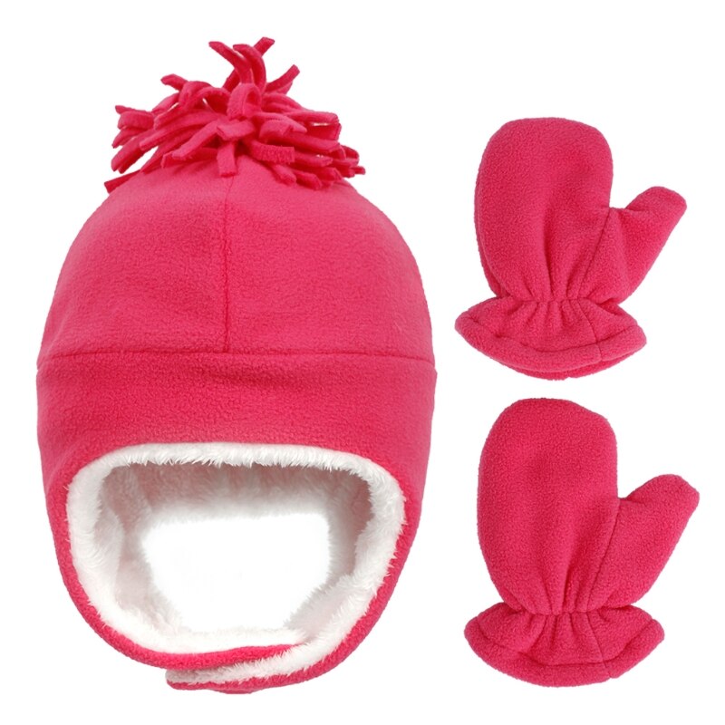 Baby vinter varm fleece hue og vante sæt småbørn baby børn pilot hat børn handsker til spædbørn baby motorhjelm tøj tilbehør: Hot pink til 1-3y
