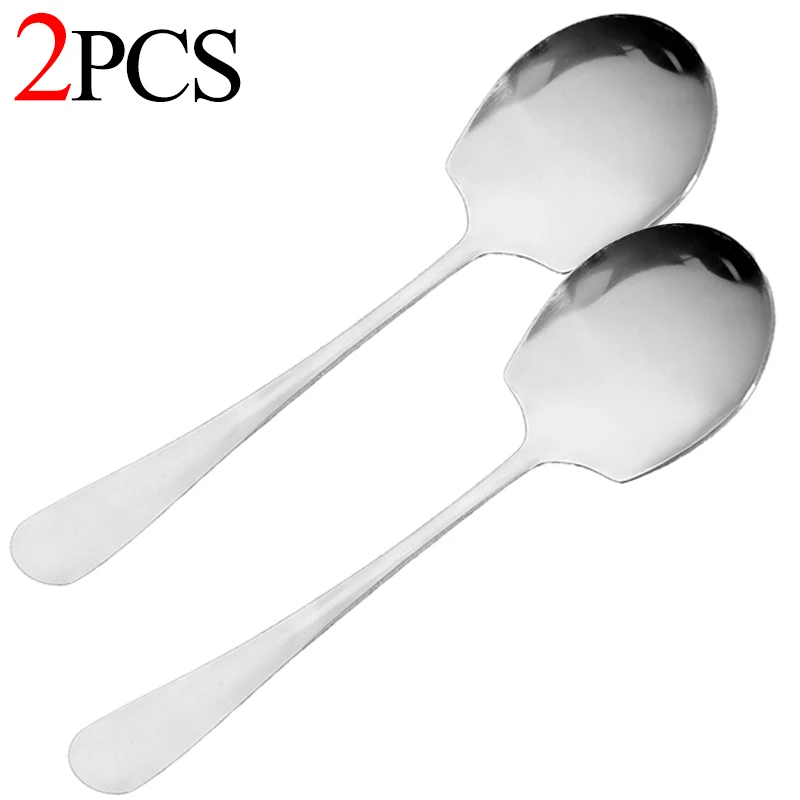 Cuchara grande de acero inoxidable para cena en casa, cuchara pública gruesa, cucharas de sopa con mango largo, vajilla para servir Buffet de cabeza redonda, 1/4 Uds.: Rojo
