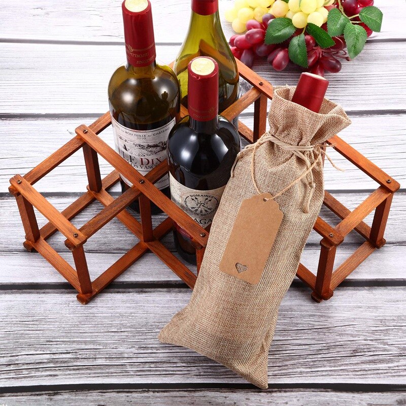 Bolsas de arpillera para botellas de vino, bolsas de yute con cordones, reutilizables, para de vino con etiquetas, para o ciega, 12 piezas