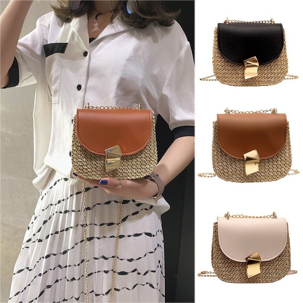 Vrouwen Messenger Bag Stro Strand Geweven Rotan Tas Ketting Band Vrouwelijke Schoudertas Kleine Dames Crossbody Flap Bag Bolsa Feminina