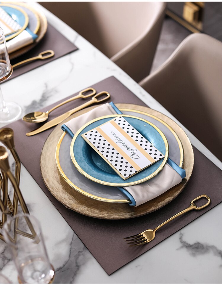 Luxury Lake Blue Glass Dinner Plate Modern Phnom Penh Glass Dinnerware Set For Wedding Banquet Round Plates Home Decor Supplies