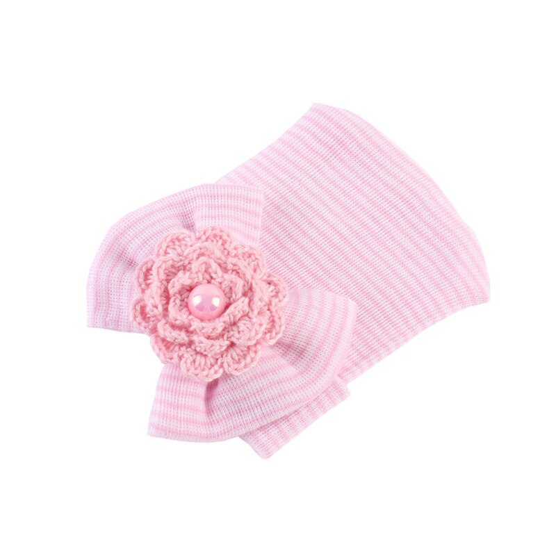 100% Cotton Newborn Soft Hat Bonnet With Big Bowknot Bebe Boy Girl Autumn Winter Knitted Cap Hospital Hat Flower Bow Striped: Pink