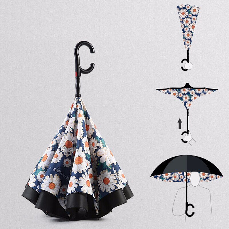 C-krog håndtag omvendt paraply dobbeltlag uv beskyttelse vindtæt bil paraply til kvinde semi-auto omvendt paraply mænd