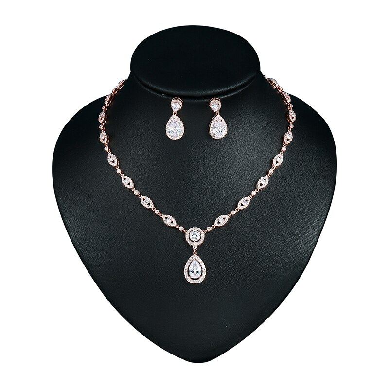 WEIMANJINGDIAN Halo Teardrop and Eye Shape Cubic Zirconia Necklace Earring Wedding Jewelry Set