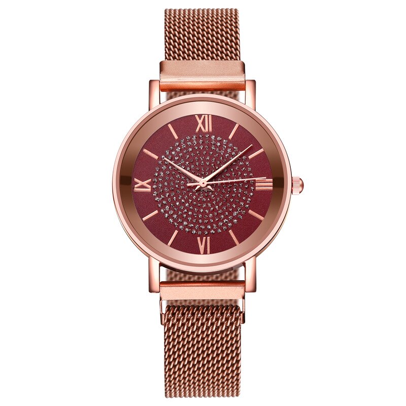 Relojes de de lujo para mujer, elegantes relojes de pulsera de oro para mujer, reloj de pulsera de cuarzo con hebilla magnética de malla inoxidable: red