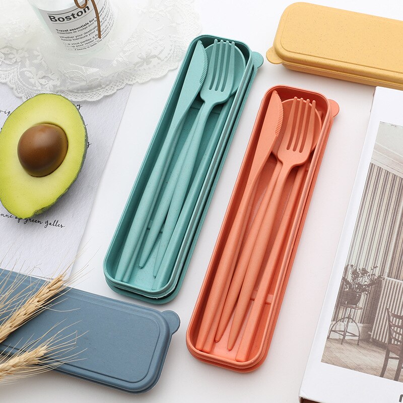 Couverts portables de voyage, boîte de couverts portables de voyage Style japonais couteau à paille de blé fourchette cuillère baguettes pour étudiants service de vaisselle de cuisine 4 pièces/ensemble
