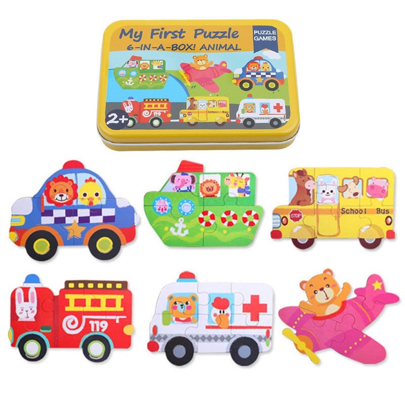 Peuter Baby Vroege Educatief Speelgoed Houten Dier Puzzels 6 Stuks In 1 Ijzeren Doos