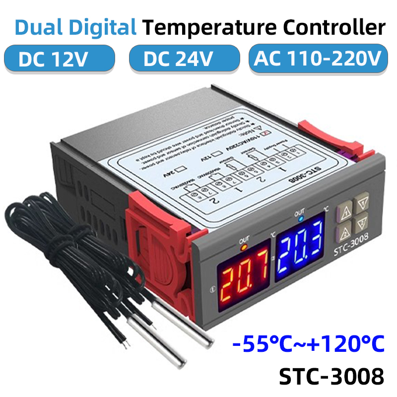 Controlador de temperatura Digital Dual STC-3008, calentador de termostato de dos salidas de relé con sonda de 12V, 24V, 220V, calor frío para refrigerador doméstico