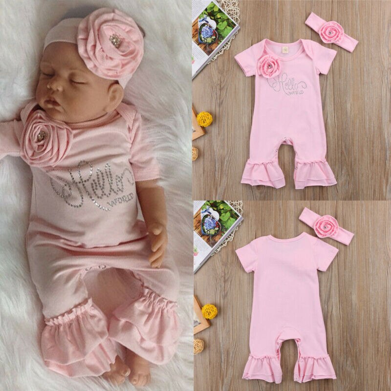 Newborn Baby Girls Flower Romper Jumpsuit Pink Short Sleeve Bell-Bottom Rompers Toddler Headband Outfits Clothes