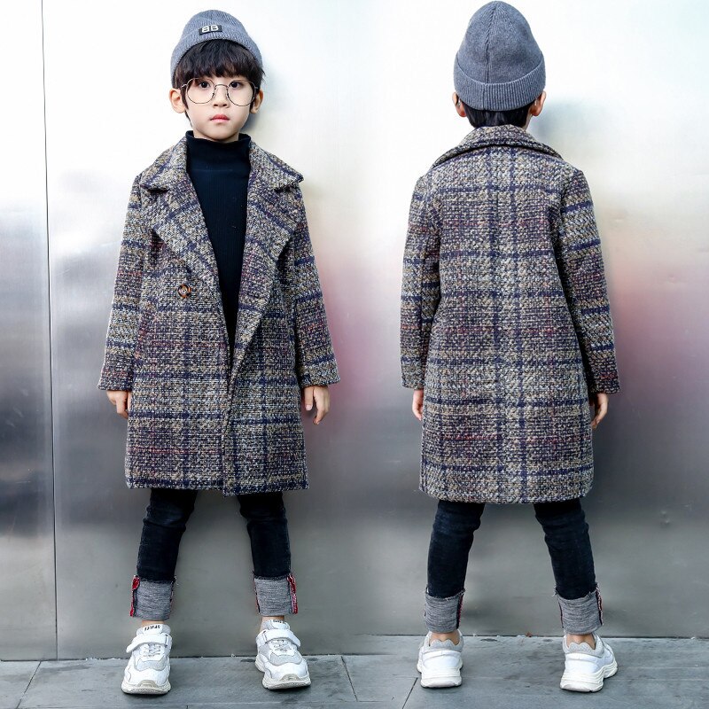 England Teenager Wool Coat For Boys Thicken Plaid Baby Boy Jacket Winter Kids Boy Warm Baby Winter Jacket 4-11Years: Gray / 10T