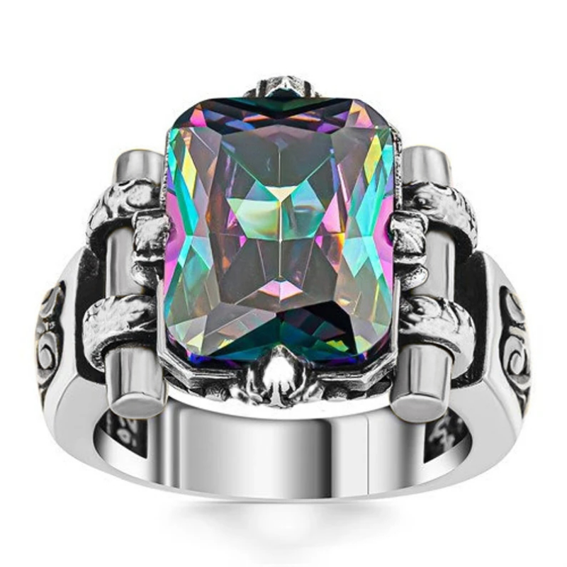 Bagues Vintage carrées incrustées de pierre multicolore pour hommes, couleur argent, motif de sculpture en métal, anneaux Punk, accessoires: 13